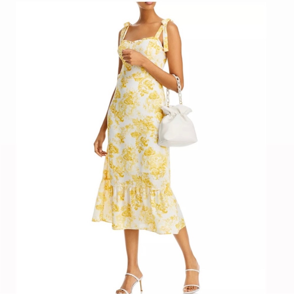 Aqua toile de juoy yellow and white tie strap midi cocktail dress size medium
